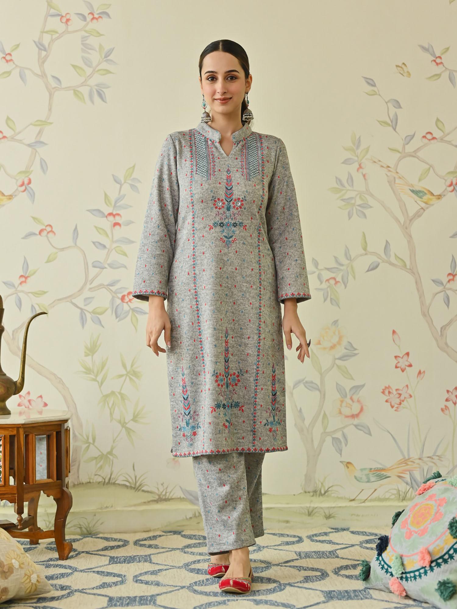 grey embroidered woollen kurta