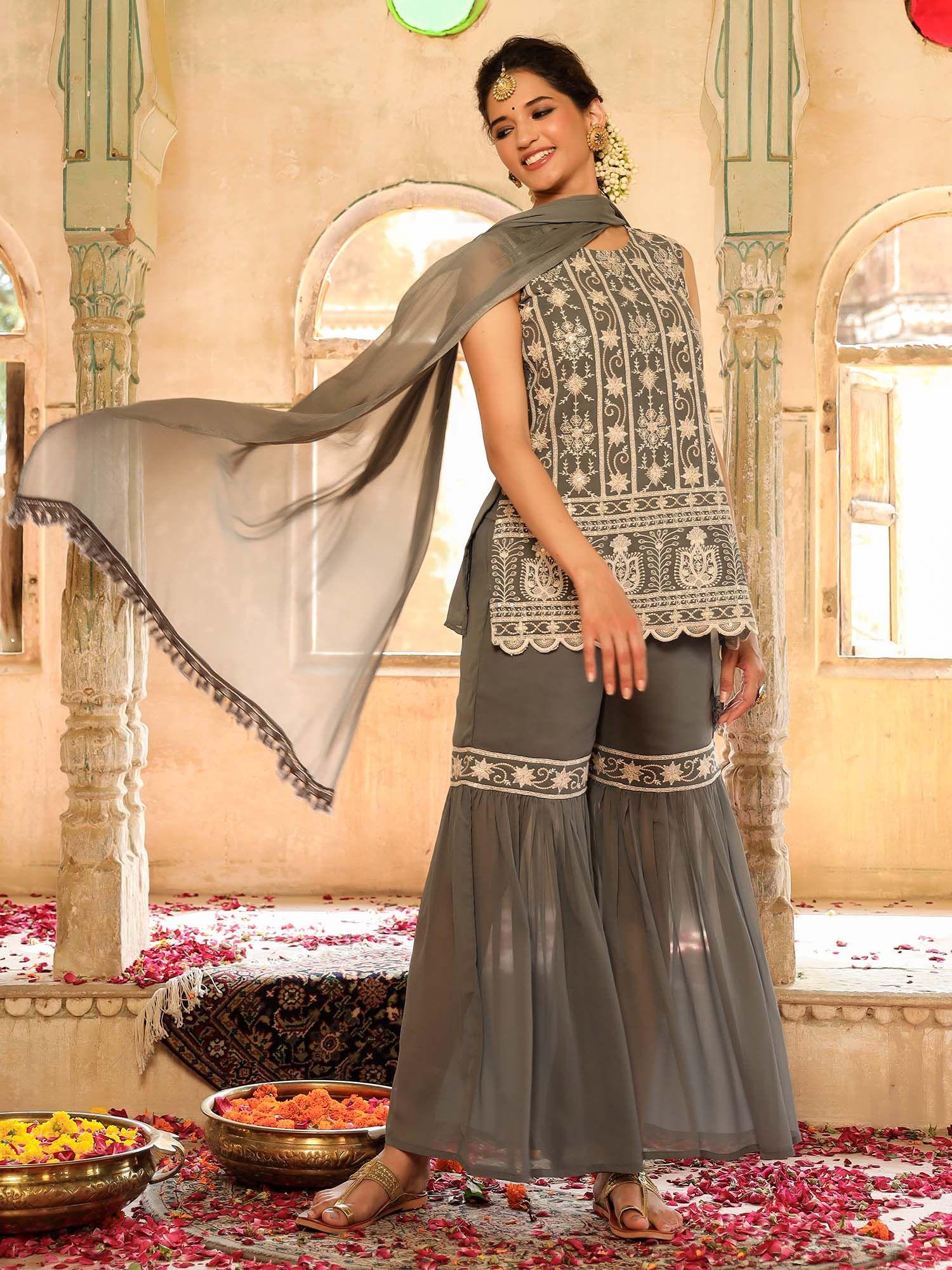 grey ethnic motif printed georgette kurta sharara & dupatta set with thread work embroidery