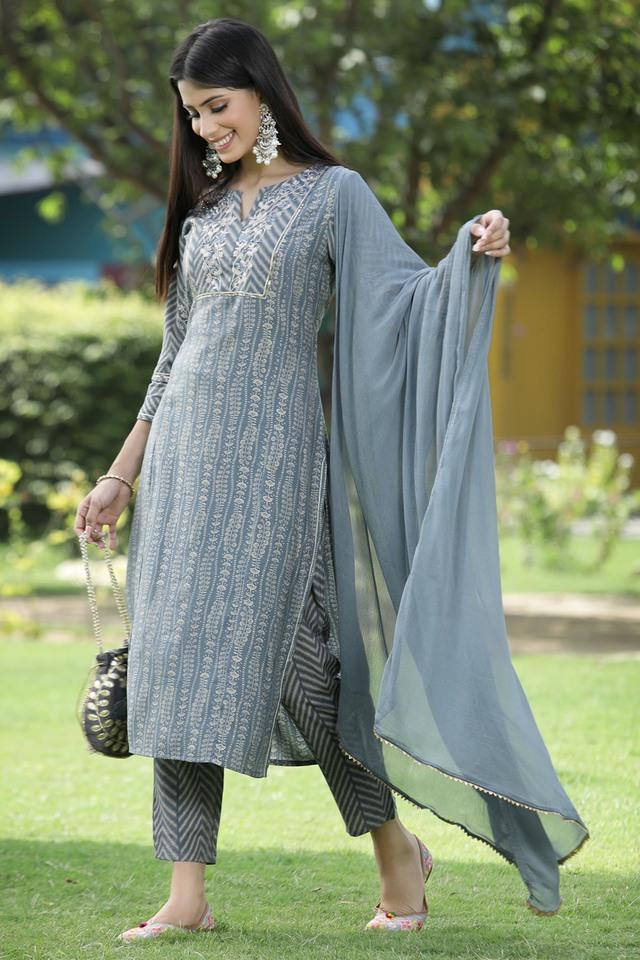 grey ethnic motif printed muslin with zari embroidery kurta pants _ chiffon dupatta set.