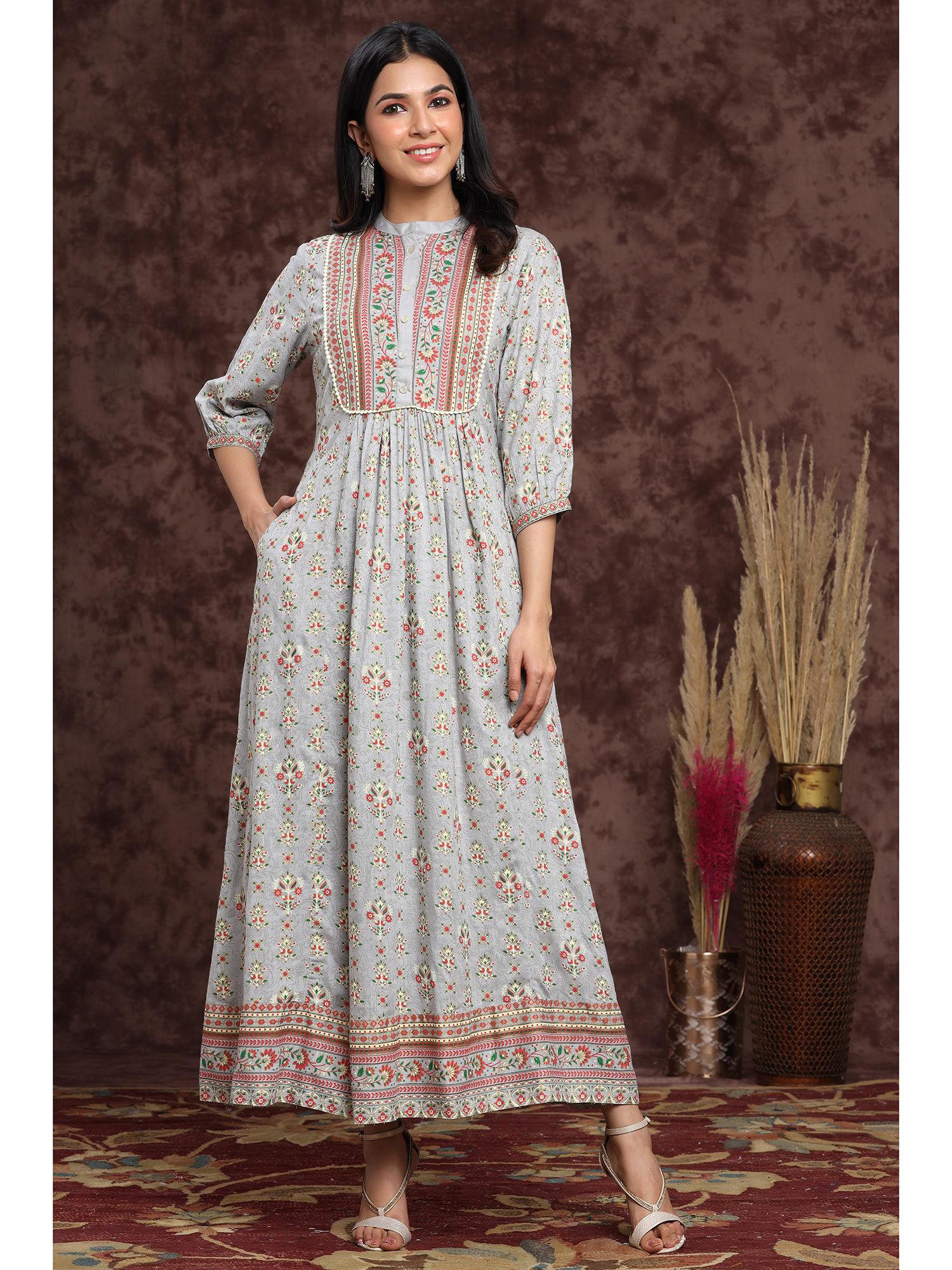 grey ethnic motif printed rayon a-line maxi dress with buttons.