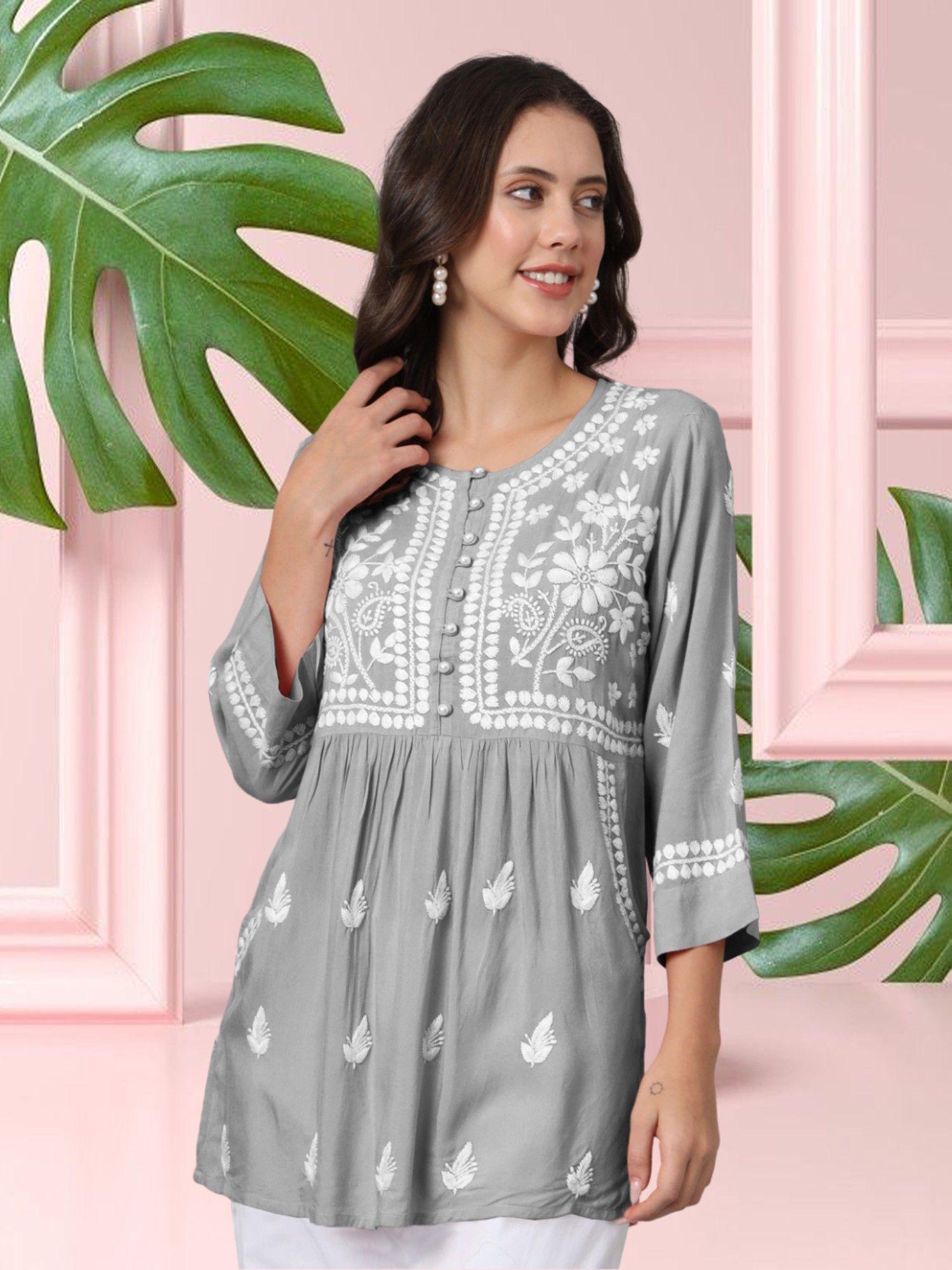 grey ethnic motifs embroidered lucknowi chikankari kurti