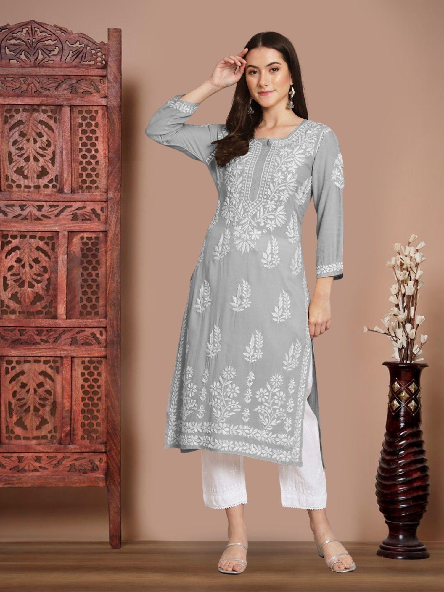 grey ethnic motifs embroidered straight kurta