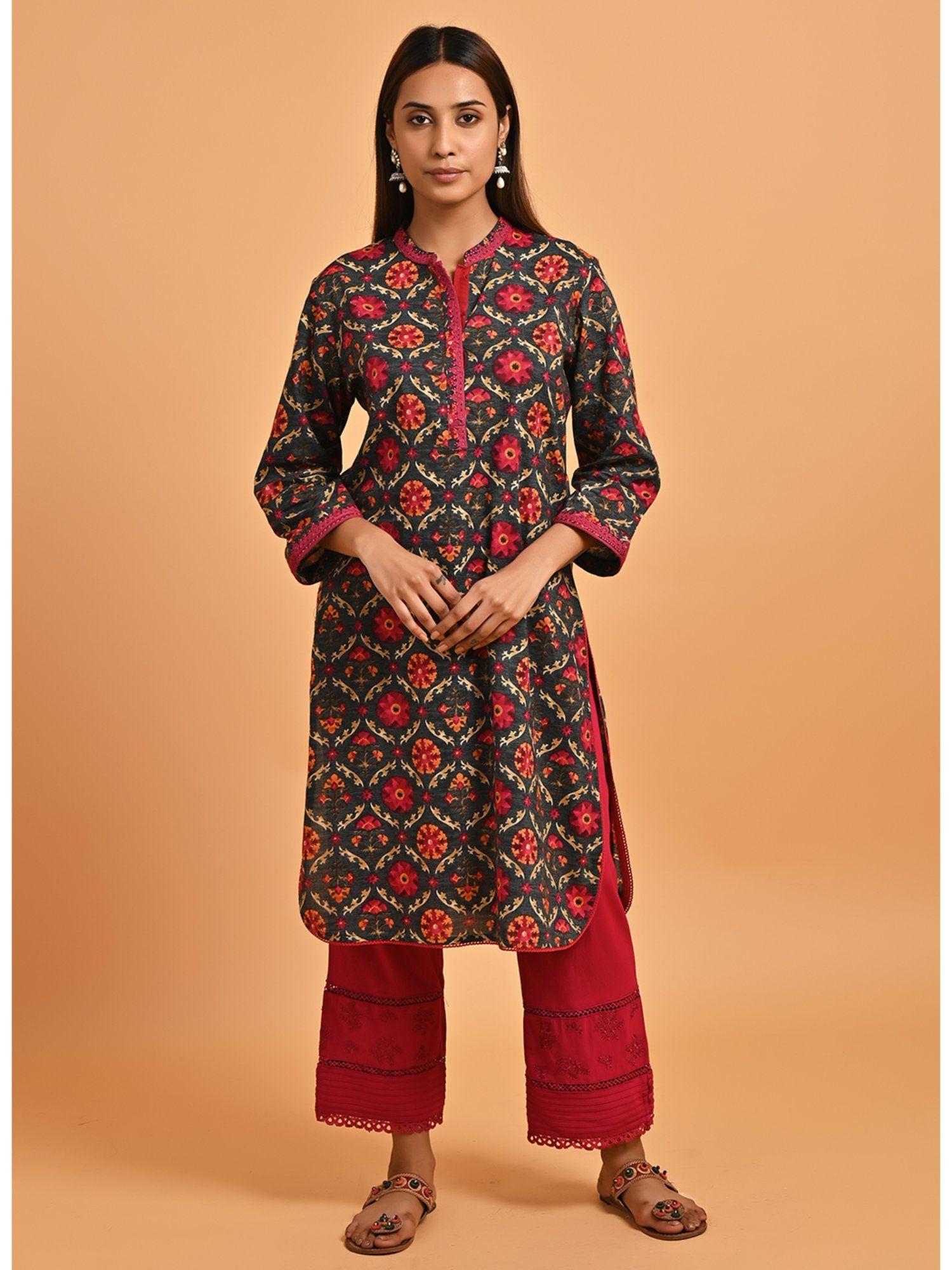 grey ethnic printed kurta with lace detailing