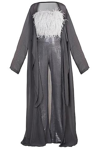 grey feathered crop top with pants & cape
