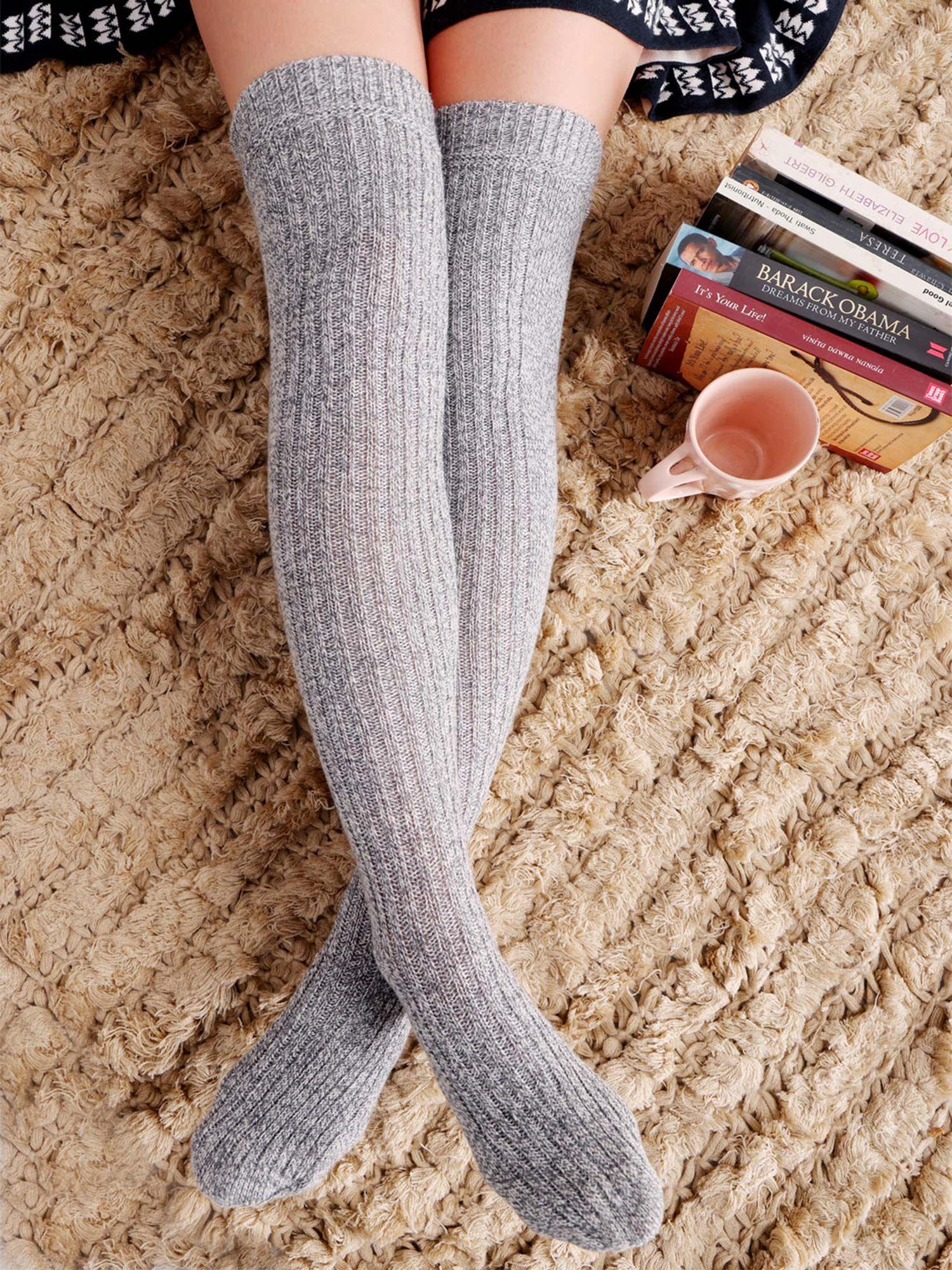 grey fine knitted thigh length long winter socks