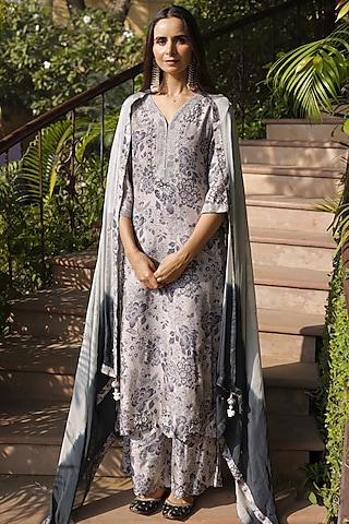 grey fine tussar silk floral printed & hand embellished kurta set