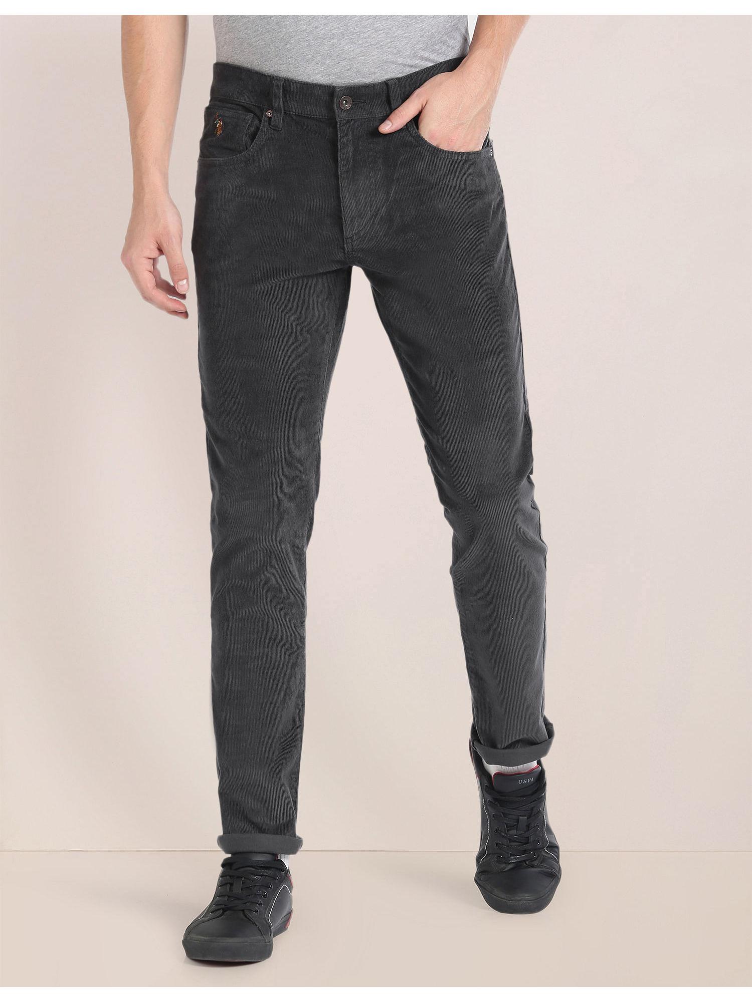 grey flat front corduroy casual trousers