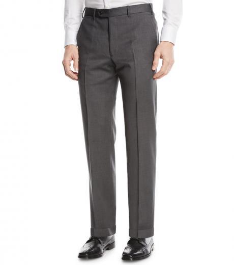 grey flat-front wool trousers