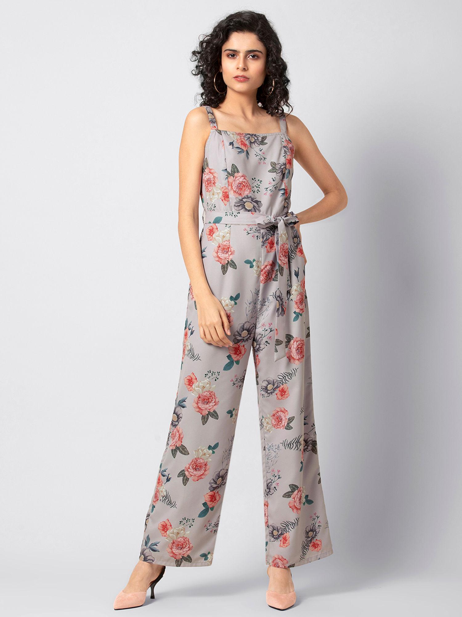 grey floral belted strappy jumpsuit