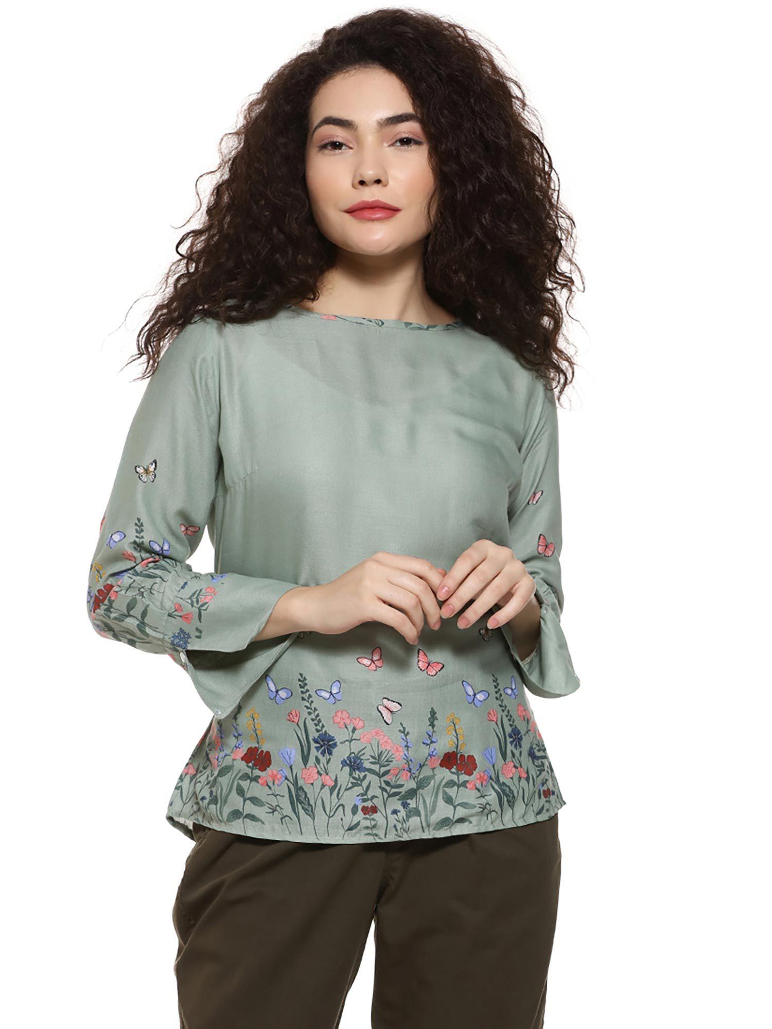 grey floral boat neck casual top