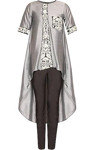 grey floral dabka and pearl work high low tunic with black pants