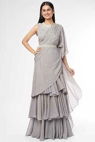 grey floral embellished saree set