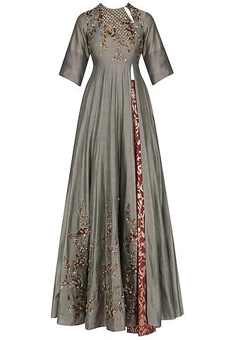 grey floral embroidered anarkali kurta and skirt set