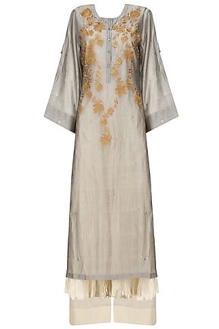 grey floral embroidered kurta, beige crushed anarkali and palazzo pants set