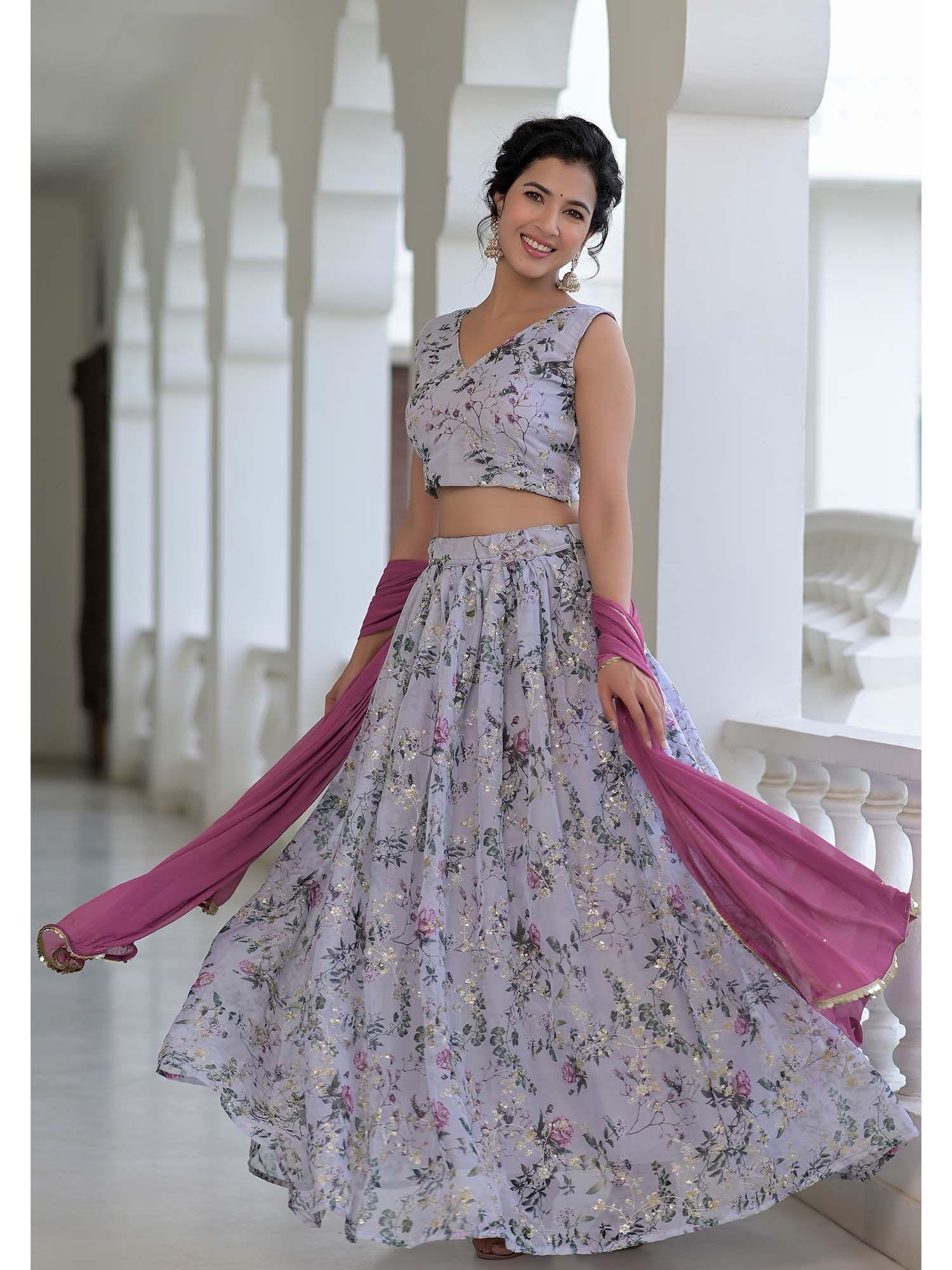 grey floral embroidered lehenga - set of 3