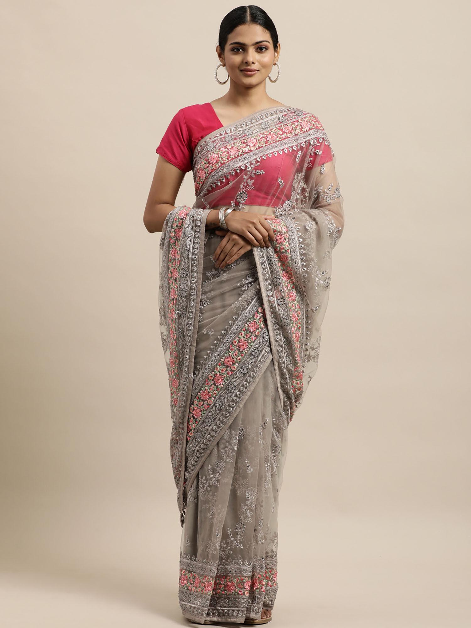 grey floral embroidered net saree with unstitched blouse