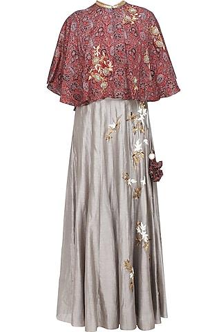 grey floral embroidered skirt and red azrak cape set