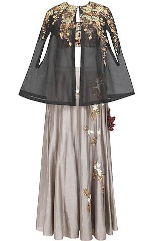grey floral embroidered skirt and sequins work blouse and cape set