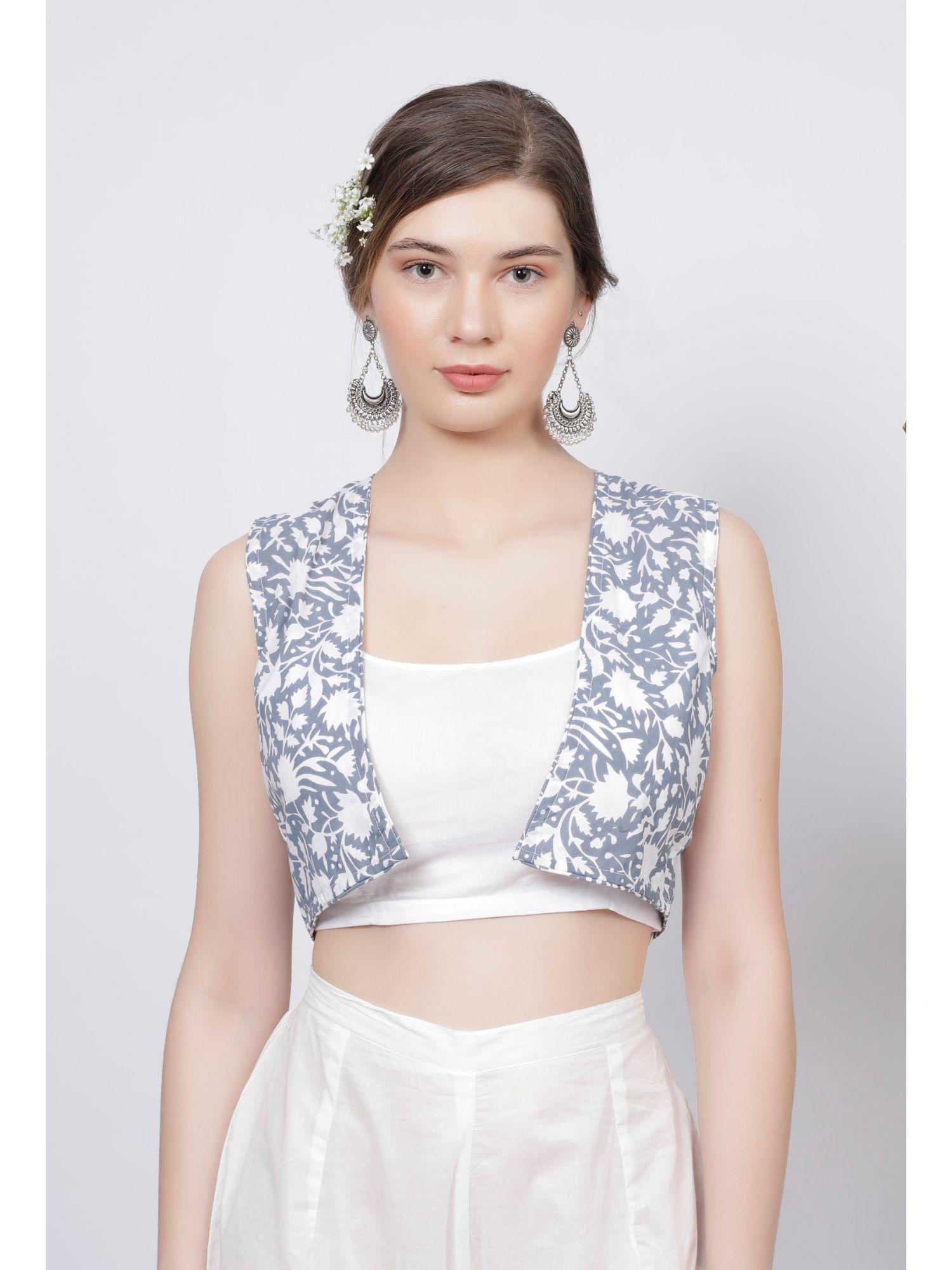 grey floral hand-block printed short cotton jacket