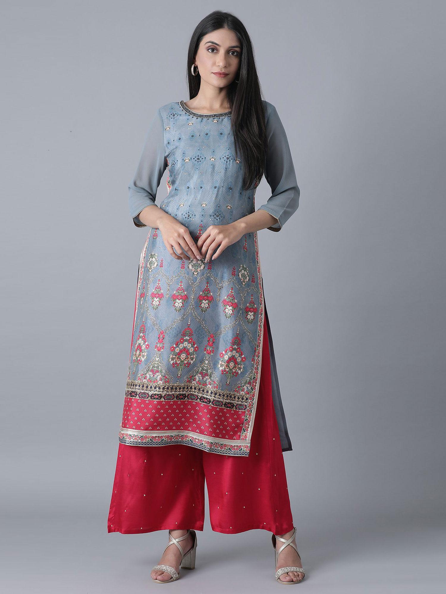 grey floral print kurta