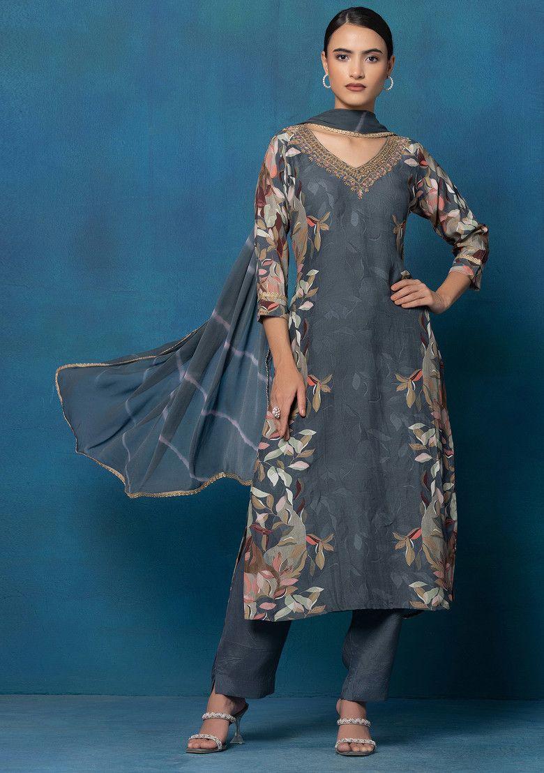 grey floral print sequin embellished kurta set with pants and dupatta