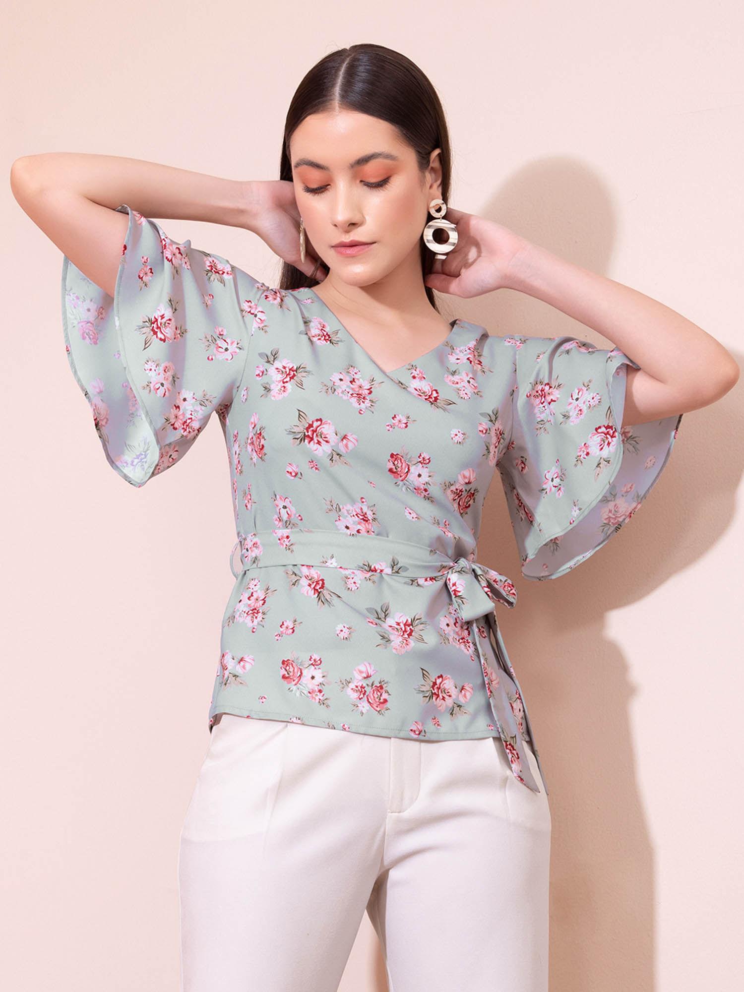 grey floral print top with belt (set of 2)