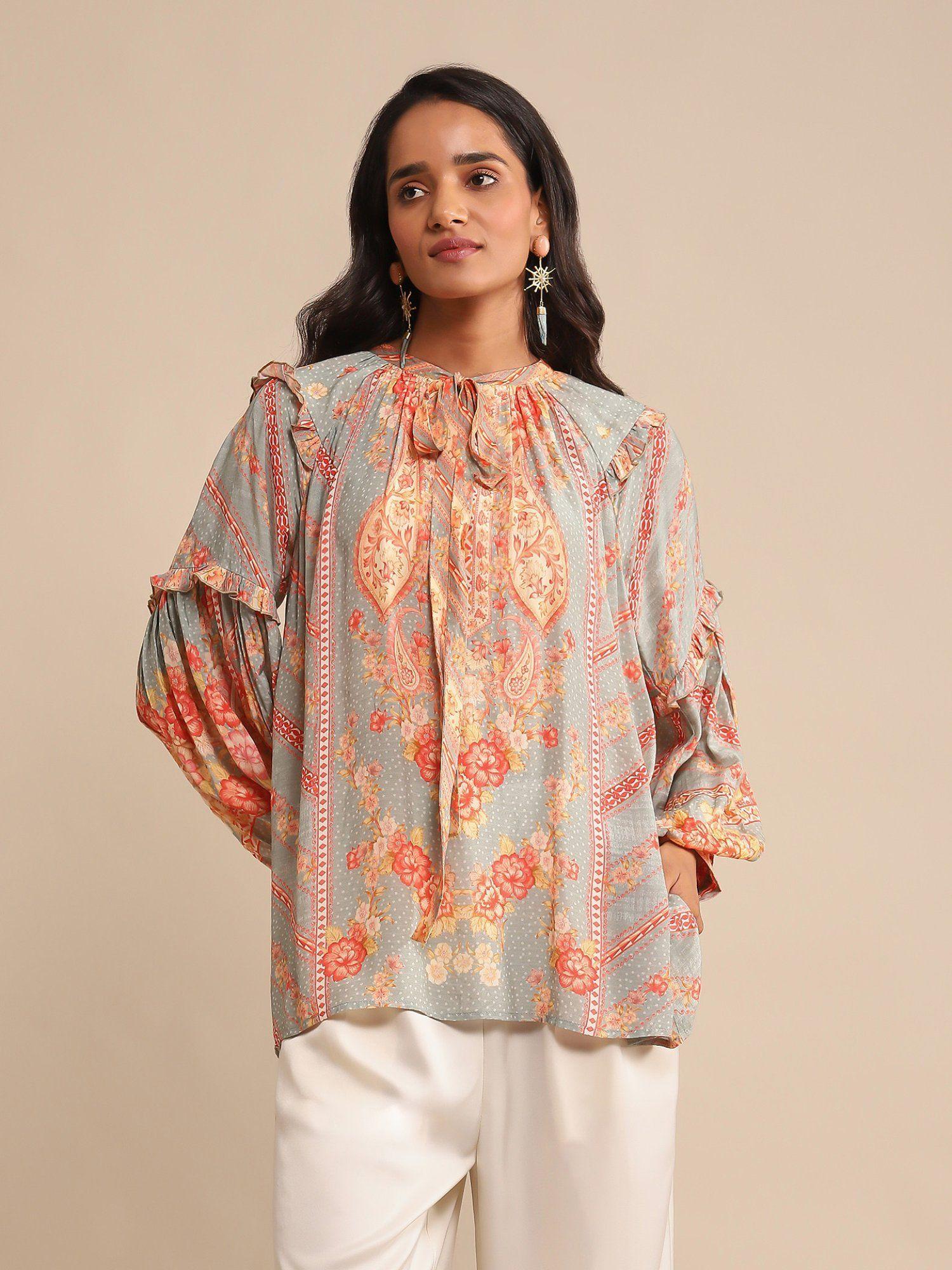 grey floral print viscose silk kurti