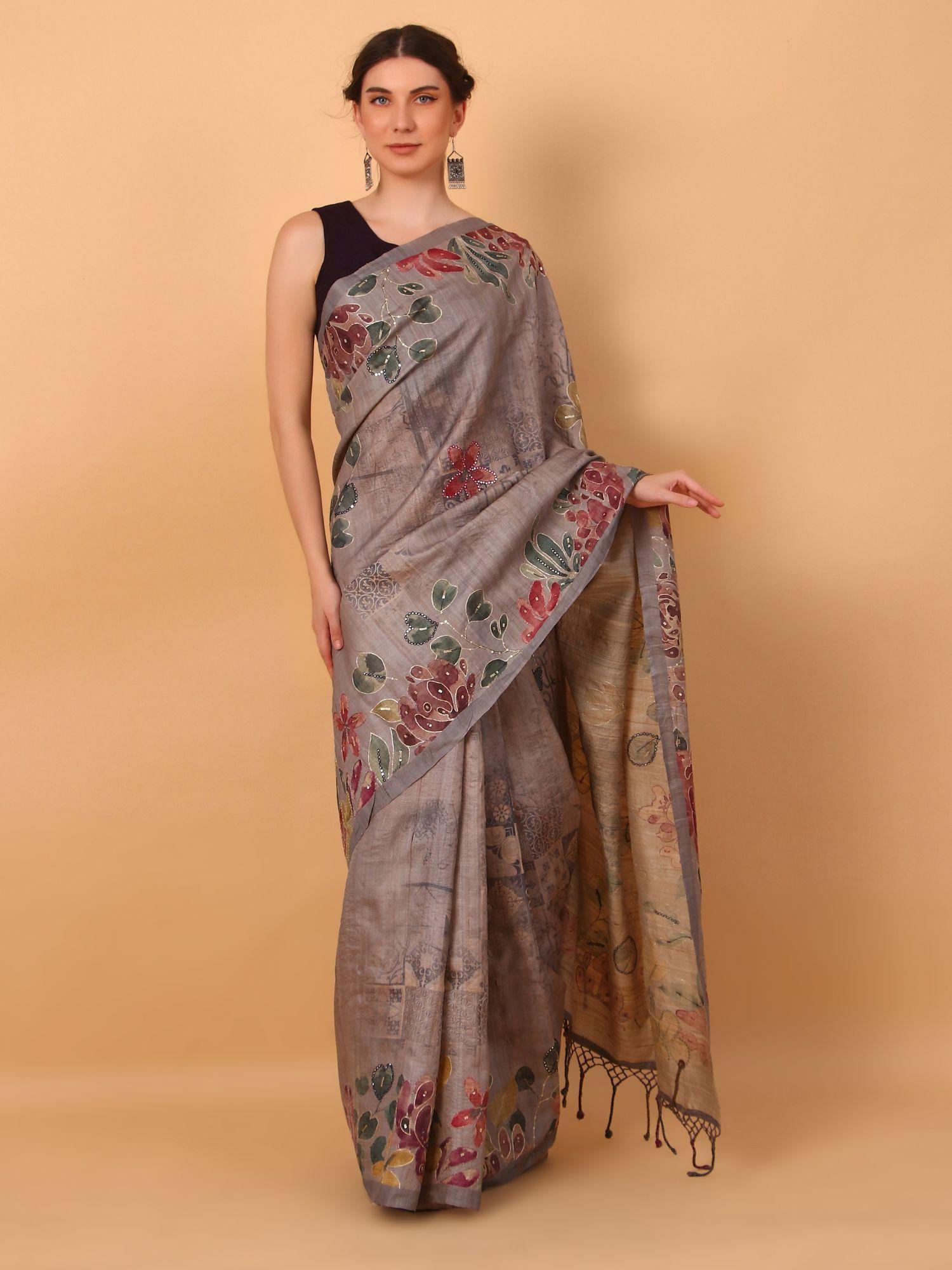 grey floral print with hand embroidery saree with unstitched blouse