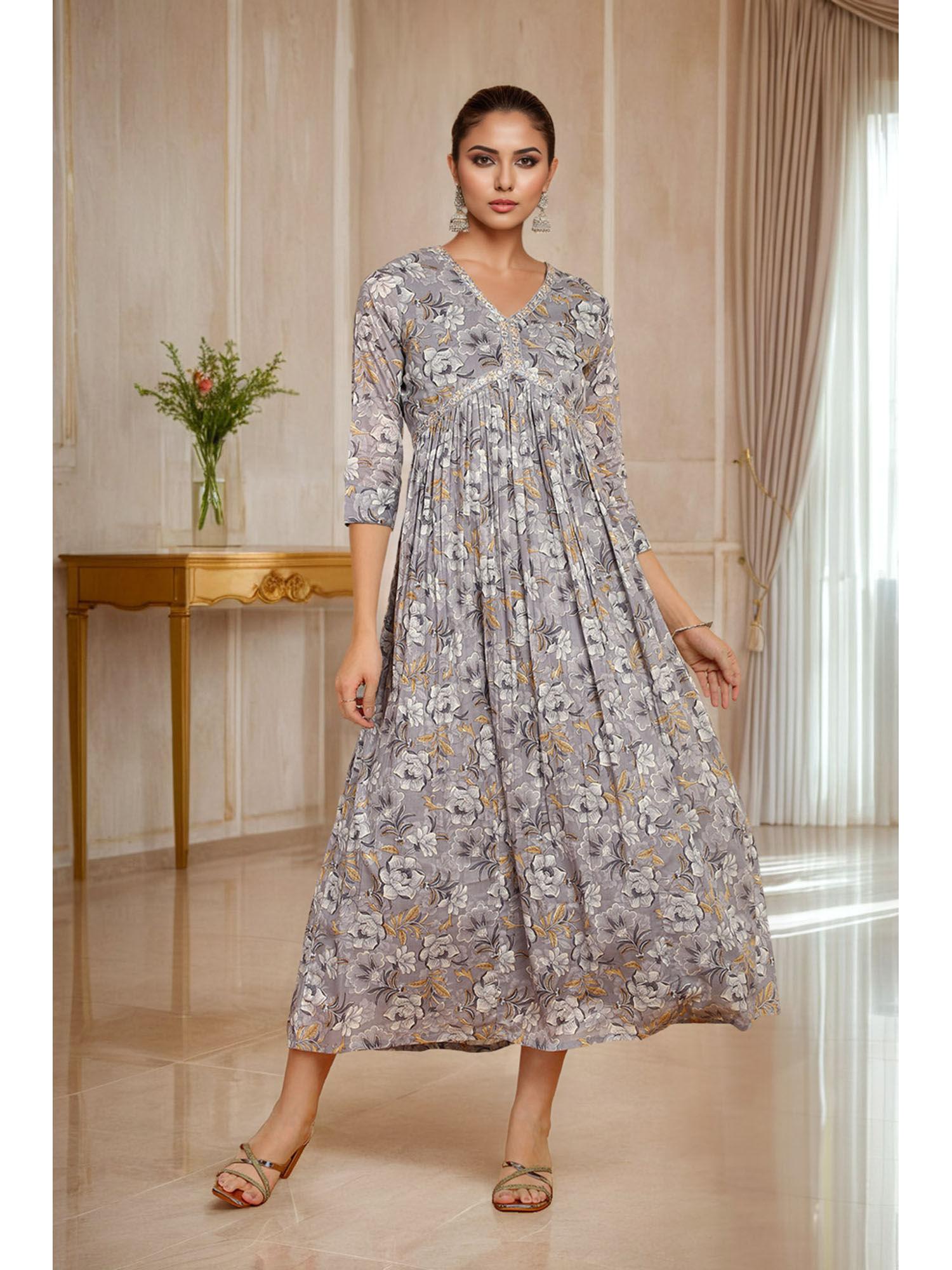 grey floral printed cotton alia-cut ethnic dress with sequins