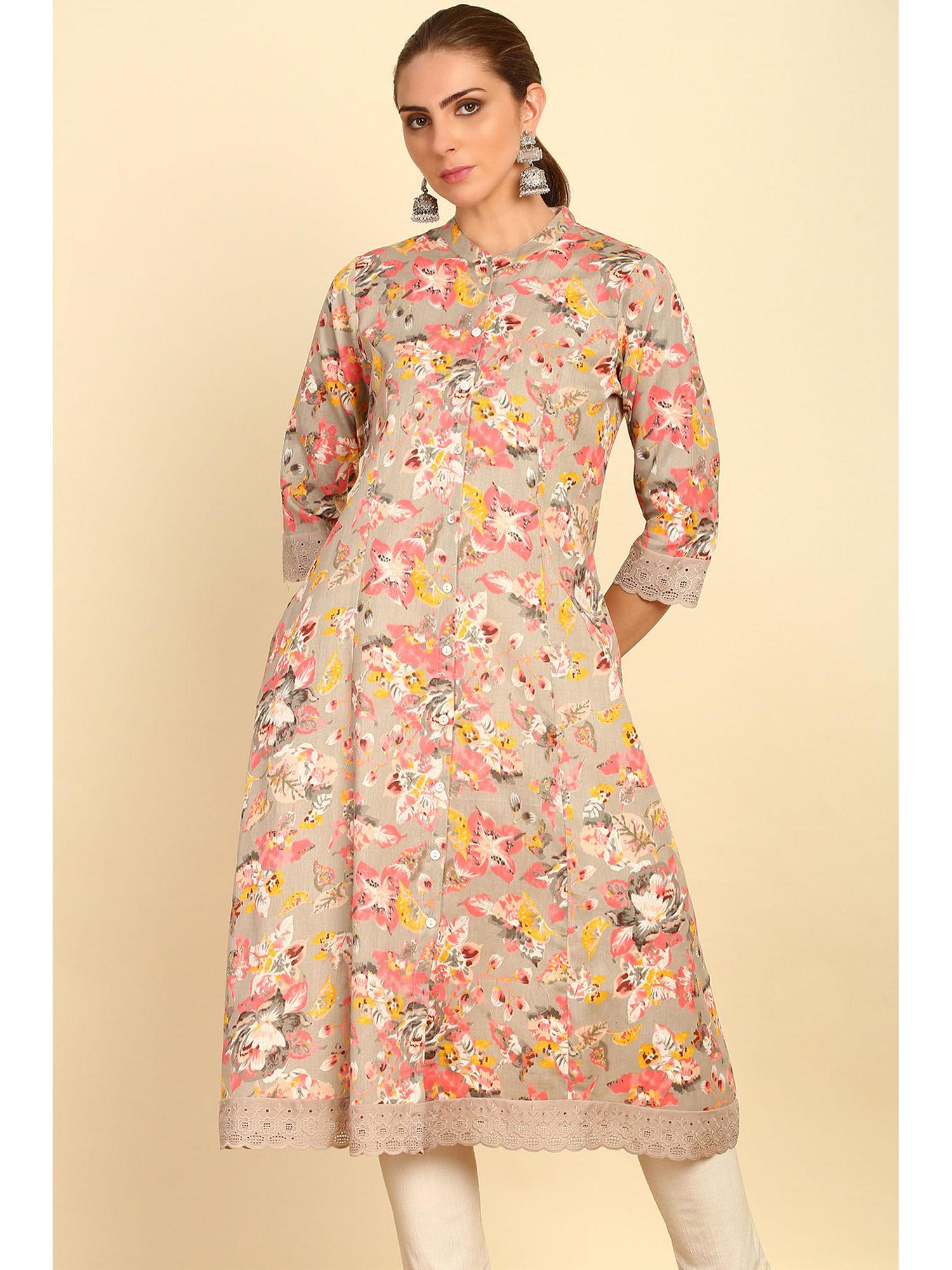 grey floral printed cotton flex mandarin collar kurta with lace