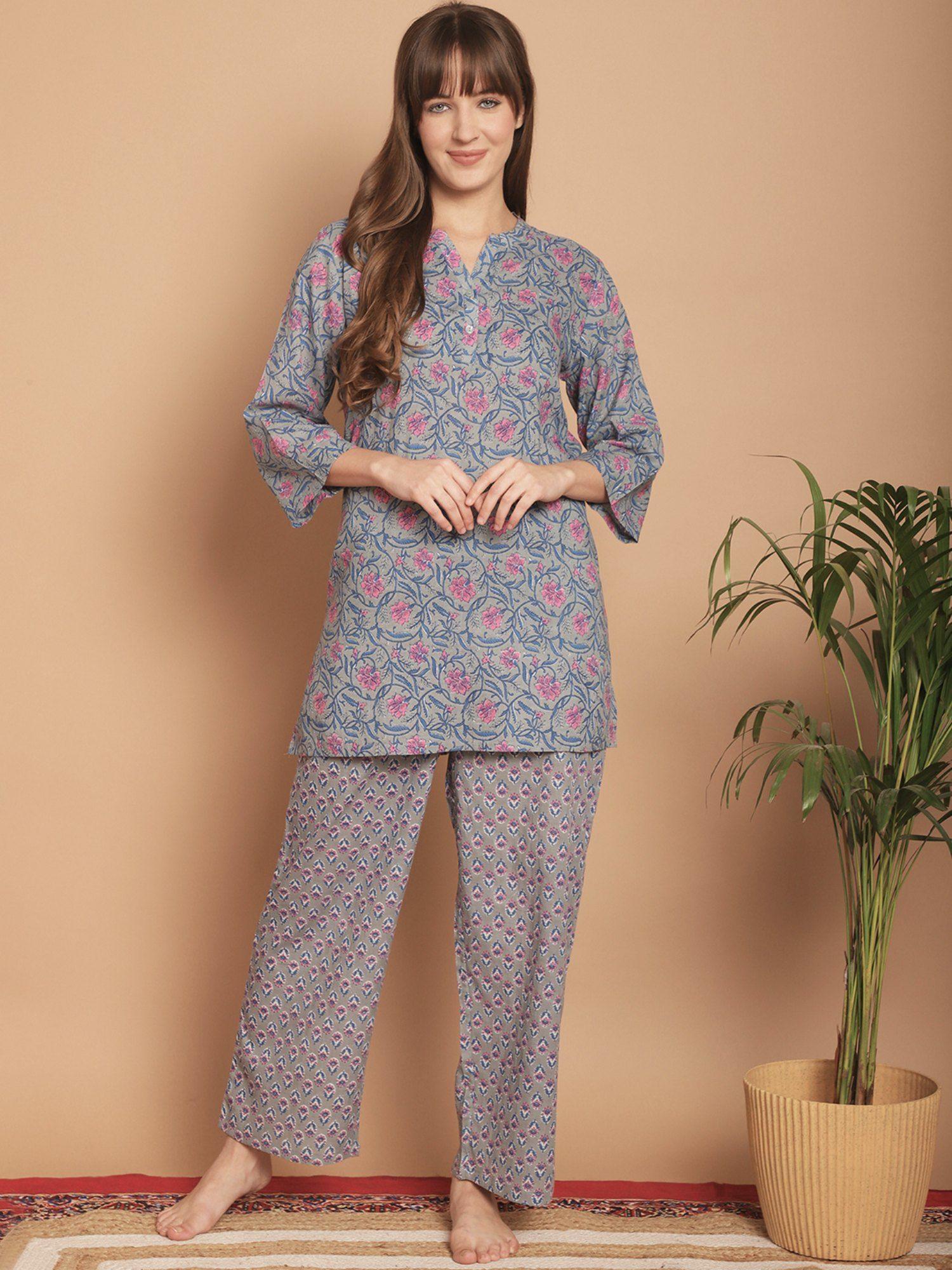 grey floral printed cotton night suit (set of 2)