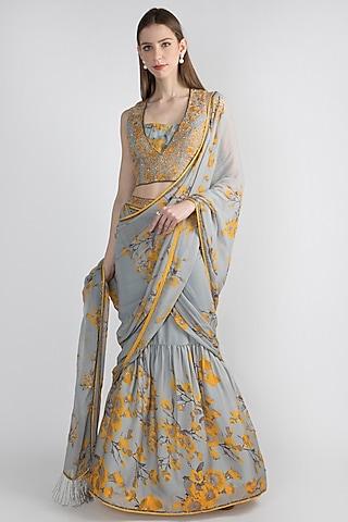 grey floral printed draped saree set with jacket