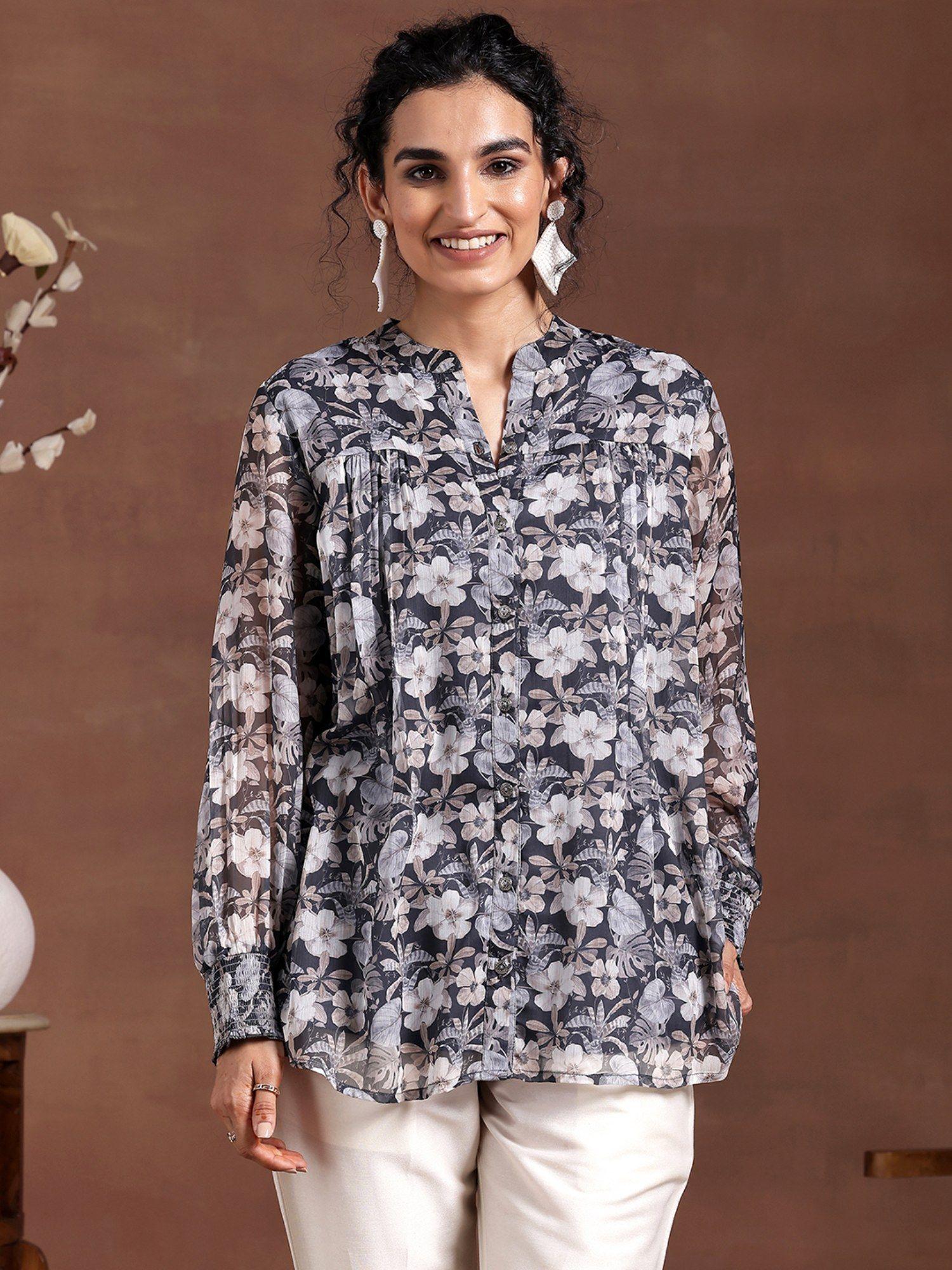 grey floral printed front open kurti with lining & a pleated style