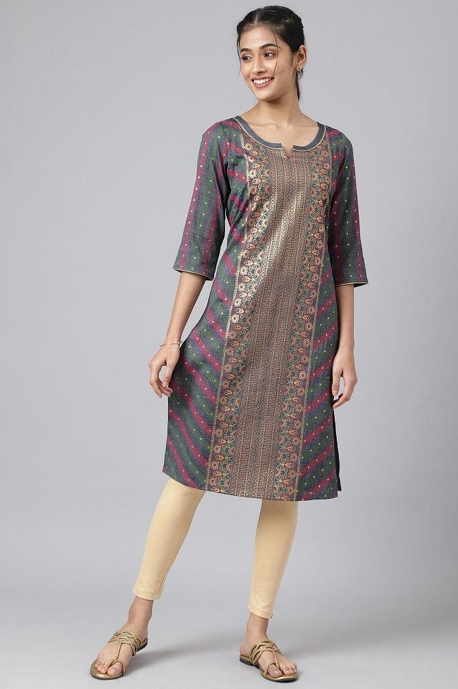 grey floral printed sequined ethnic kurta