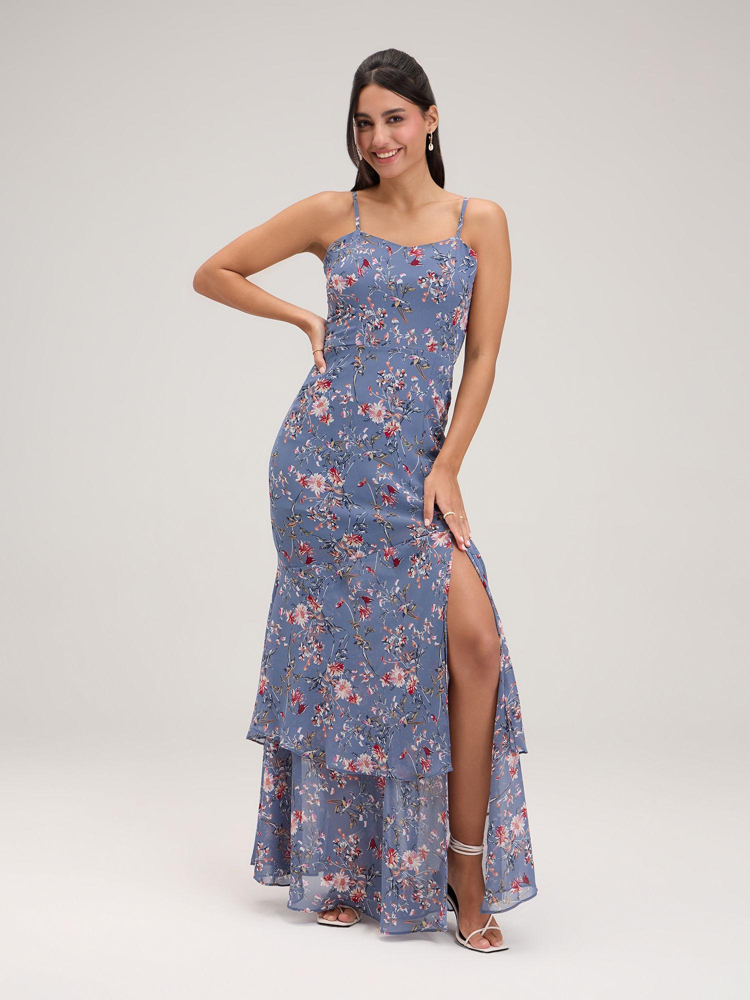 grey floral sweetheart neck maxi dress