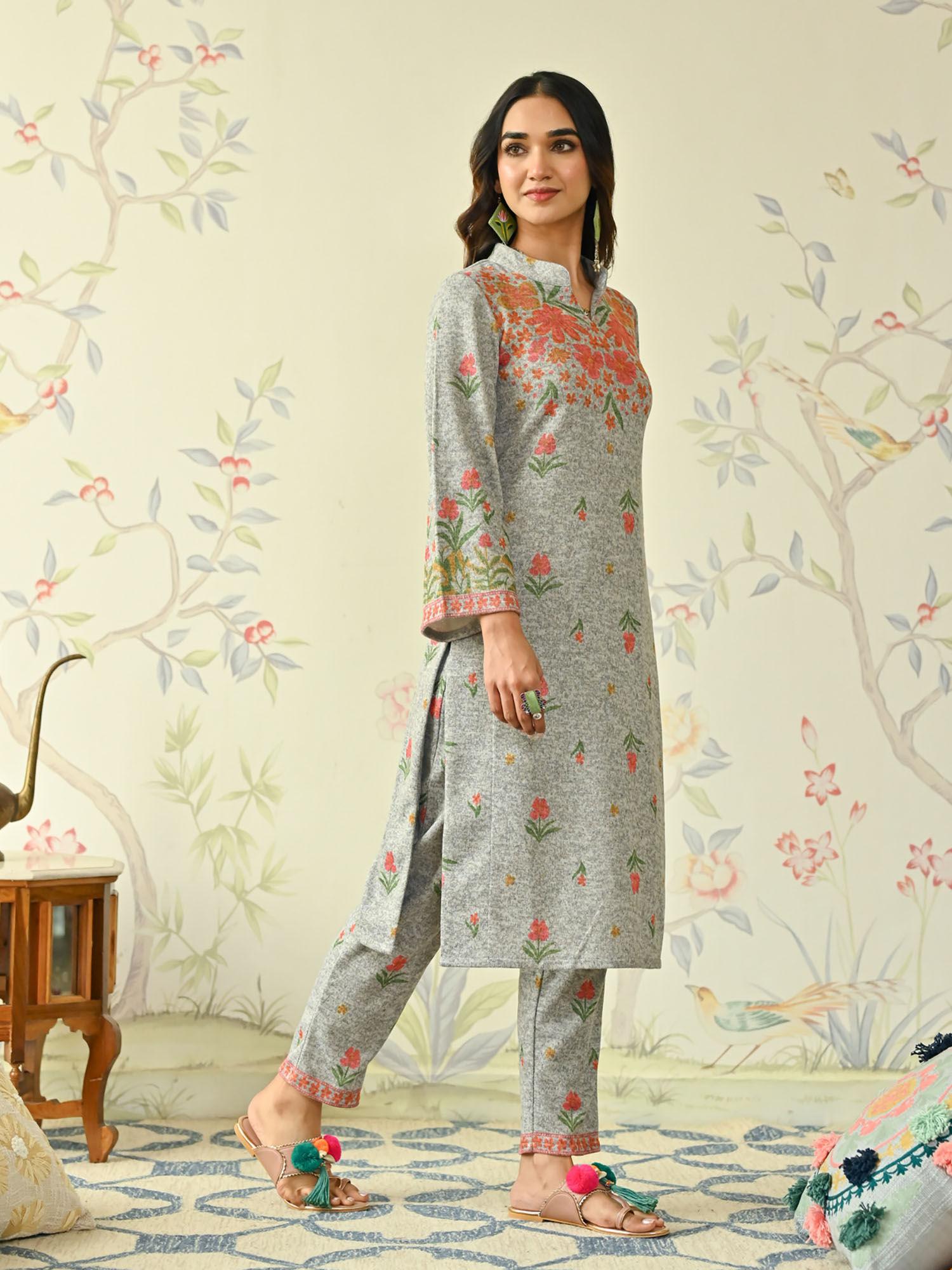 grey floral woollen kurta with full sleeves