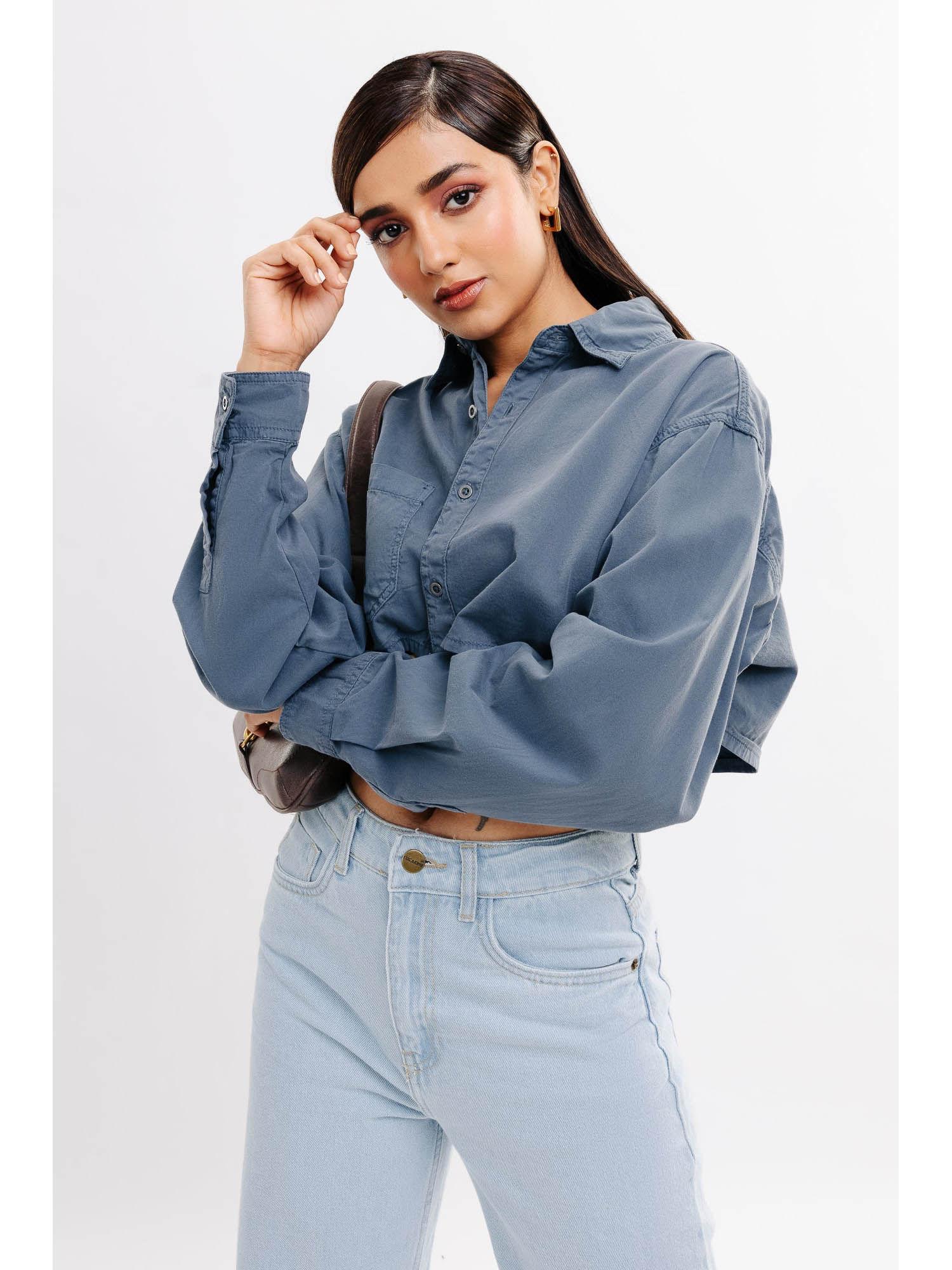 grey full sleeves crop shirt