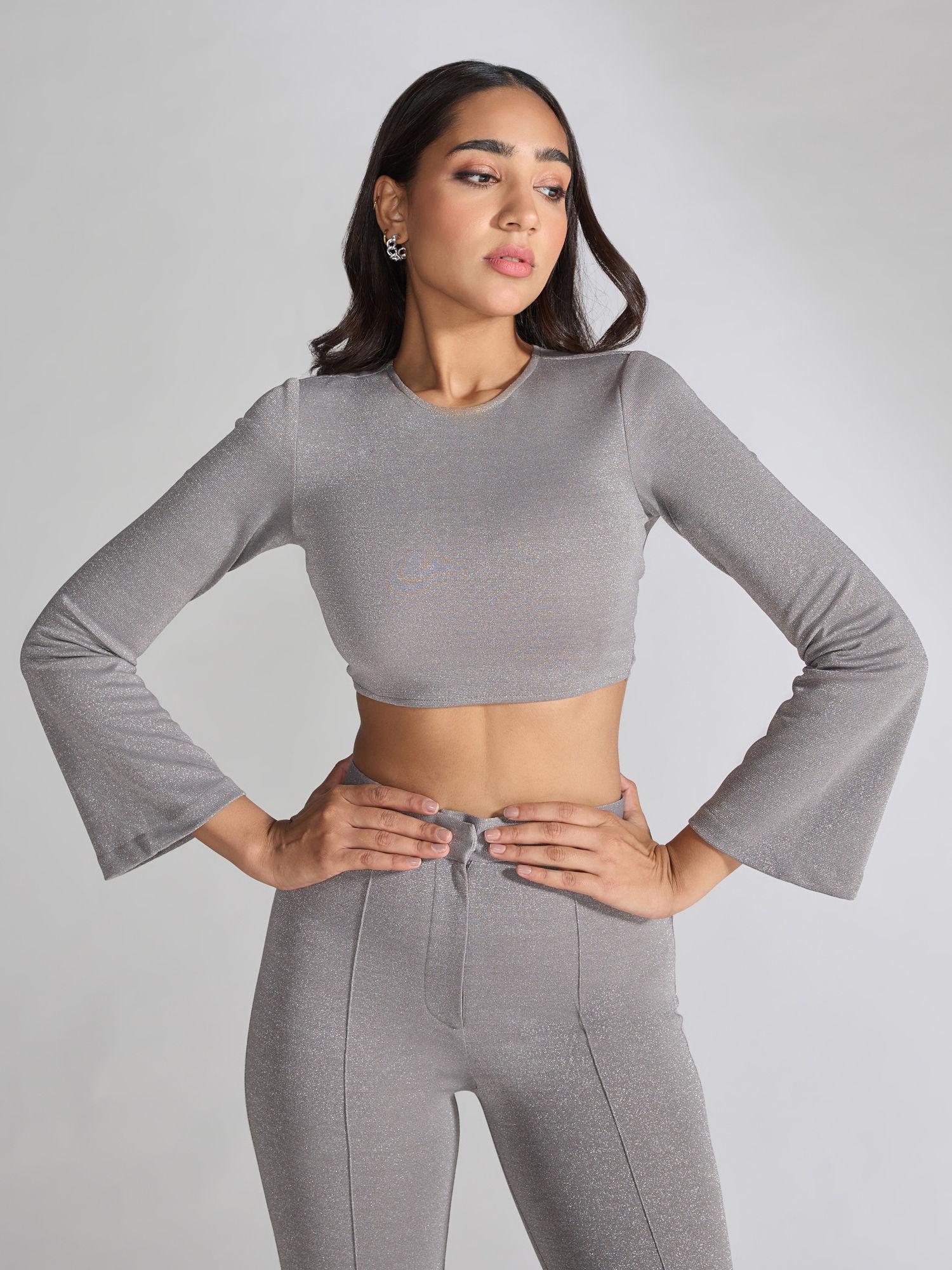 grey full sleeves round neck crop top