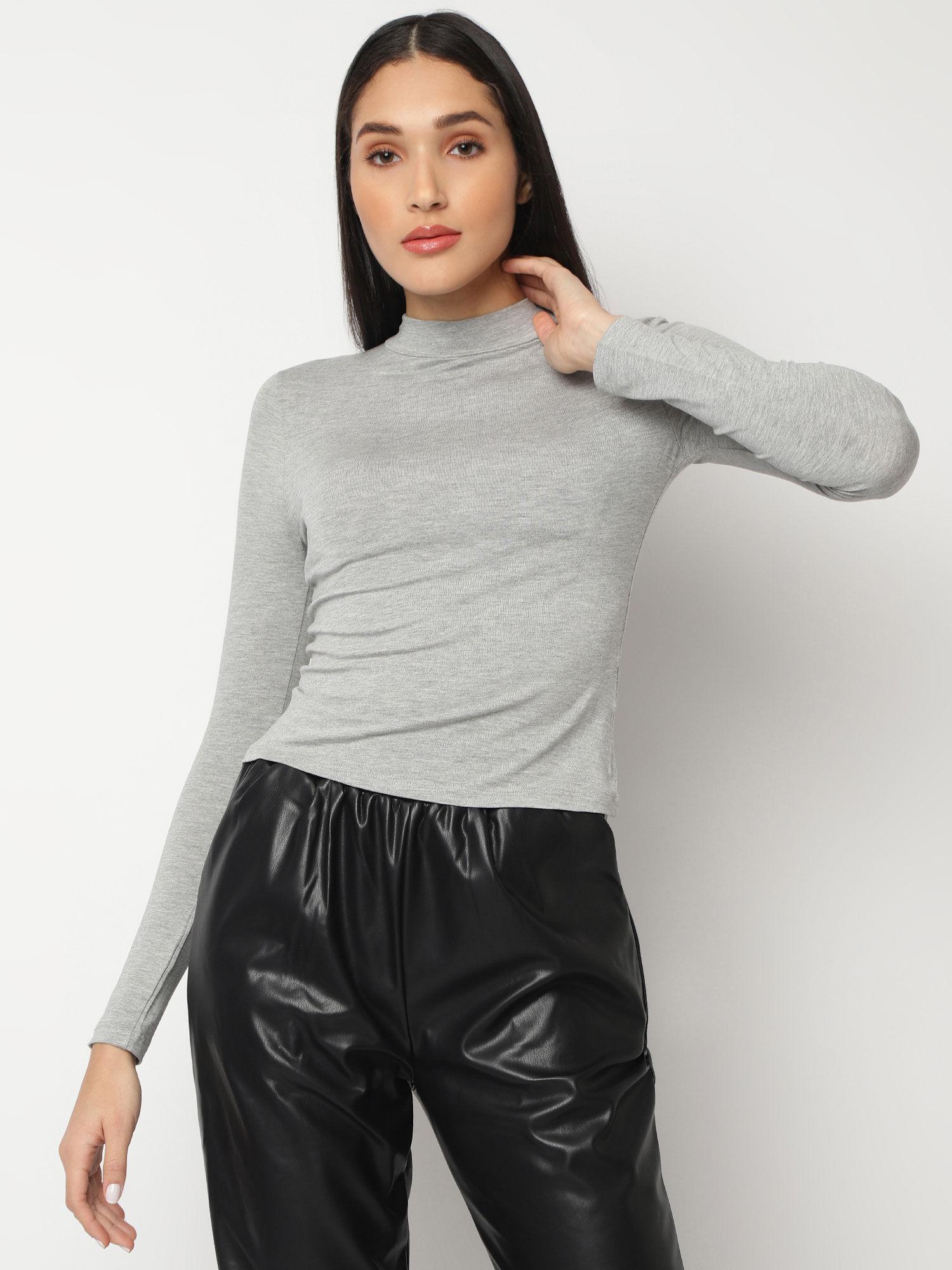 grey funnel neck long sleeve top