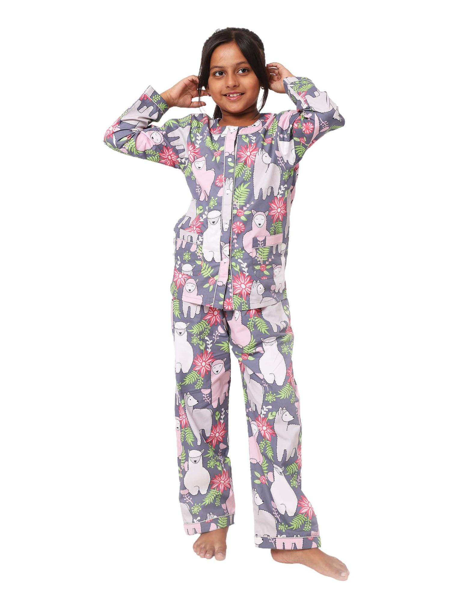 grey furry sheep printed girls cotton shirt with pyjama (set of 1)