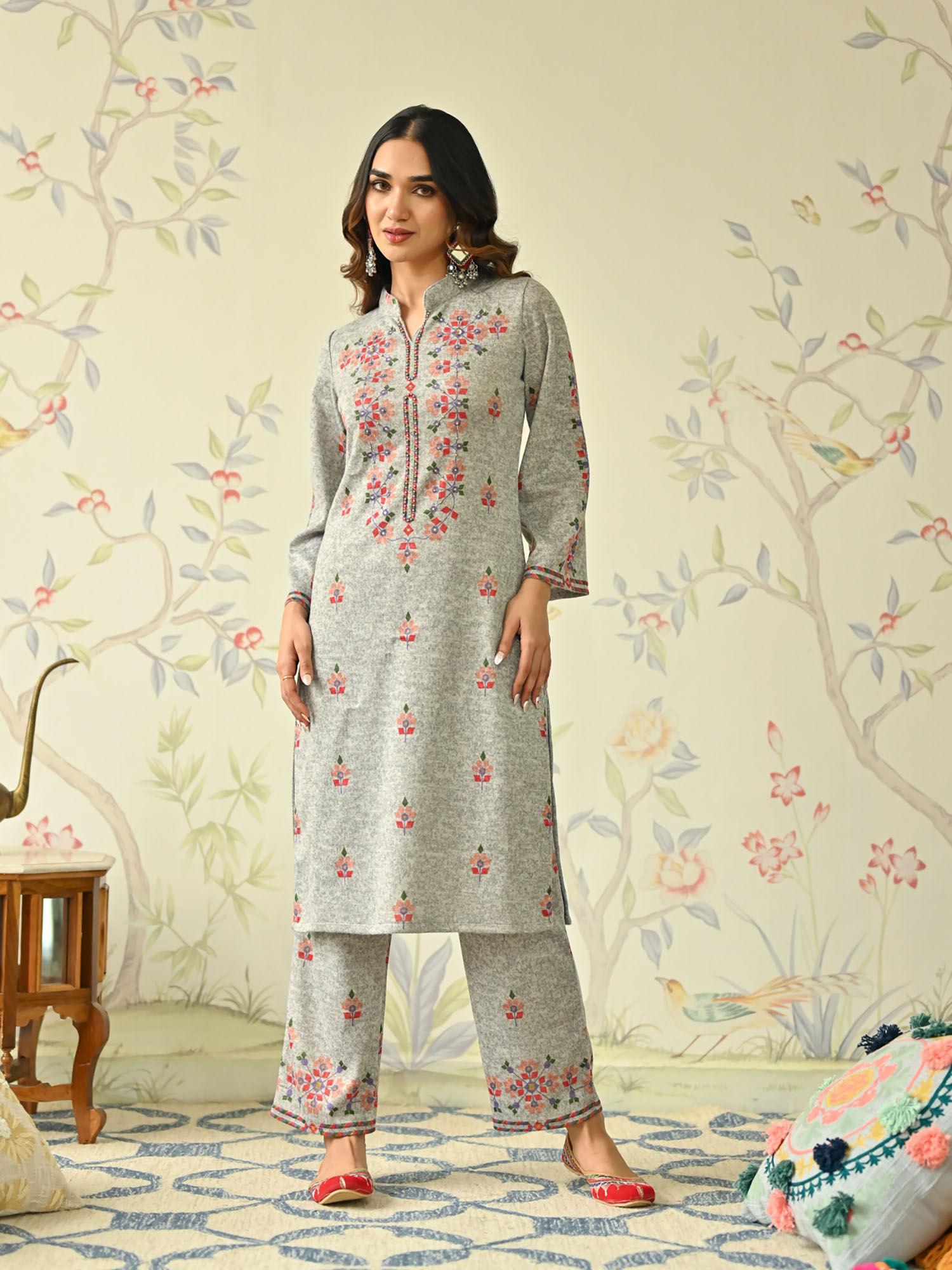 grey geometric floral woollen kurta with pant & dupatta (set of 3)