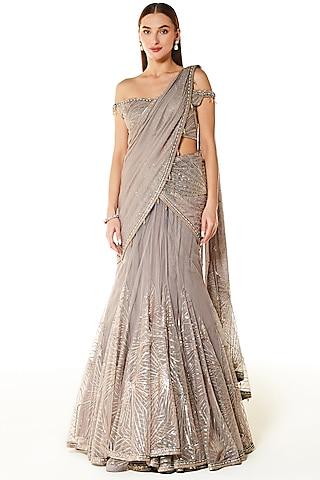 grey georgette & net sequins lehenga saree set