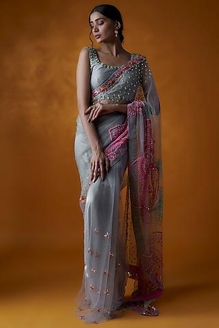 grey georgette & tulle glass bead embroidered saree set