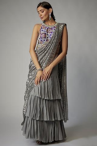 grey georgette draped gown saree