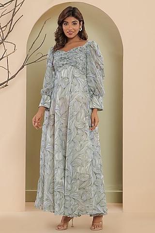 grey georgette floral printed pleated maxi dress