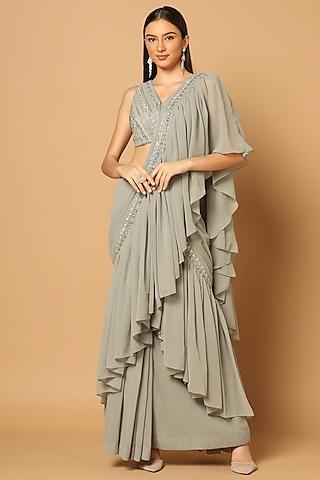 grey georgette hand embroidered pre-draped ruffled saree set