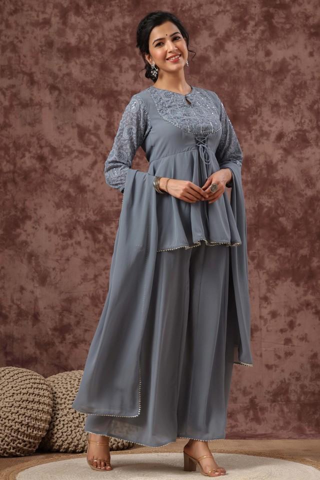 grey georgette lacy kurta palazzo _ dupatta set with thread embroidery on yoke