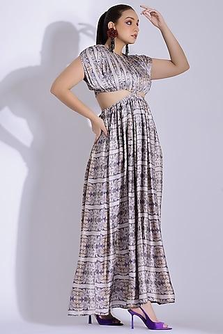 grey georgette satin digital printed hand draped kaftan gown