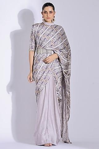 grey georgette satin digital printed pre-stitched saree set