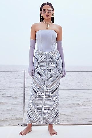 grey glass organza hand embroidered corset bodycon gown